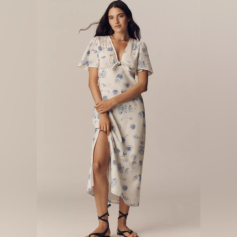 Lisa Says Gah Jess Linen-Cotton Flutter-Sleeve Midi Dress NWT